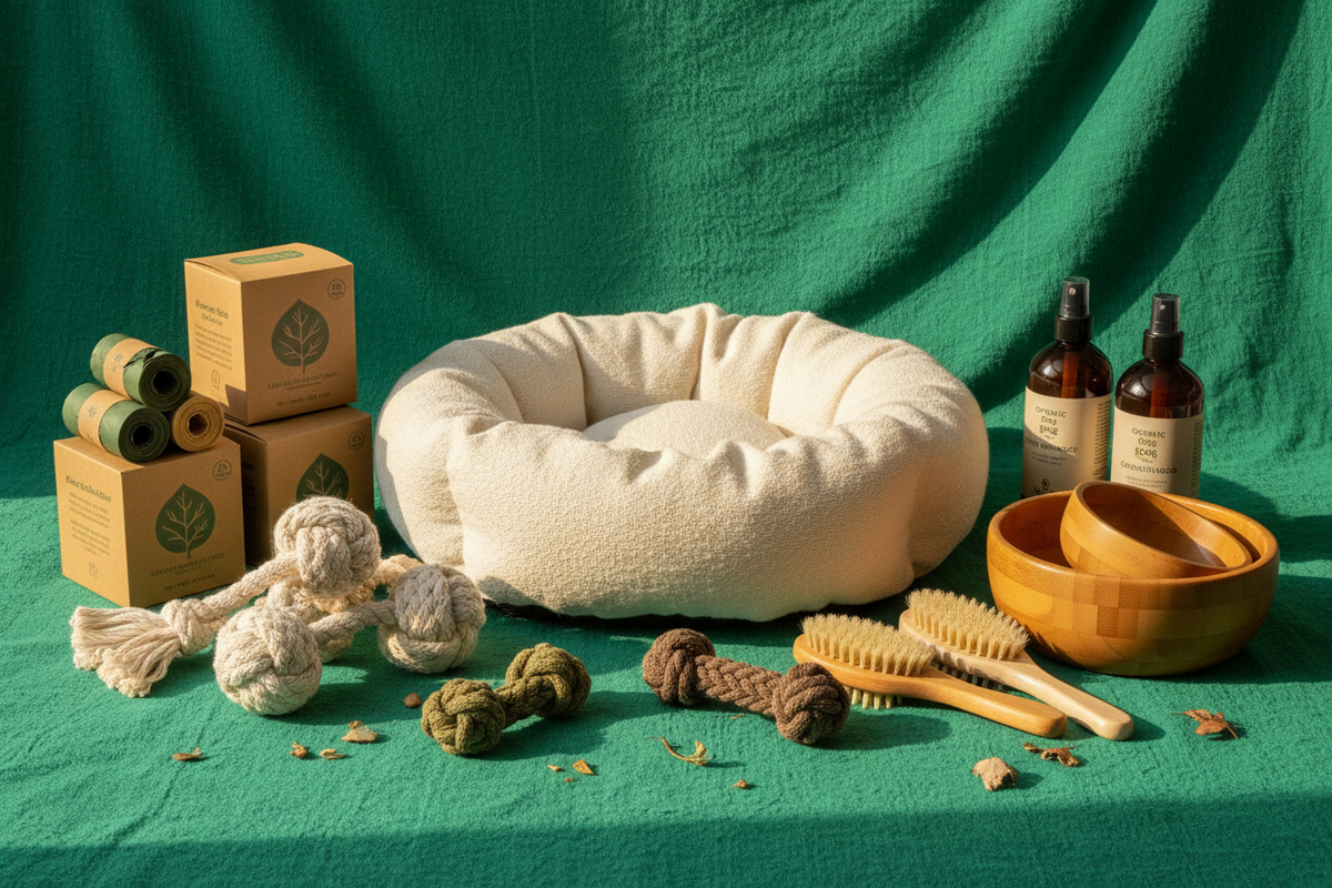 Eco-friendly products for dogs with green background.